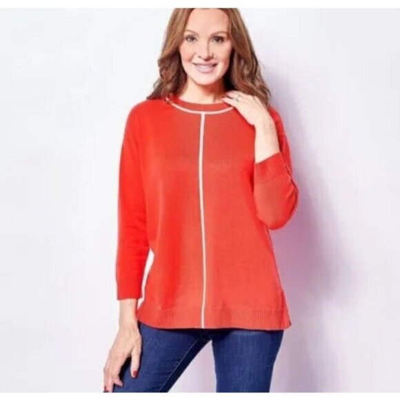 Isaac Mizrahi Live! Drop Shoulder Pullover with Contrast Poppy Red, Small - Picture 1 of 1